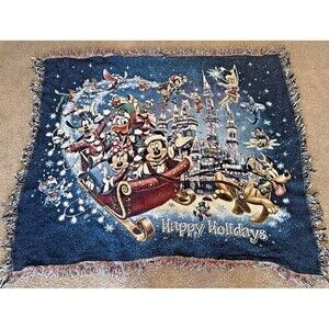 Disney Parks Happy Holidays Mickey/Minnie Castle Sleigh Throw Blanket 50"X55"